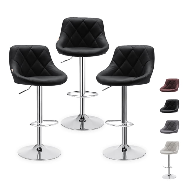 Set De 3 Bancos Altos Barra Cocina Bar Cuero Respaldo Giratorio 360° Acabado estructura Cromado Color Negro Blick