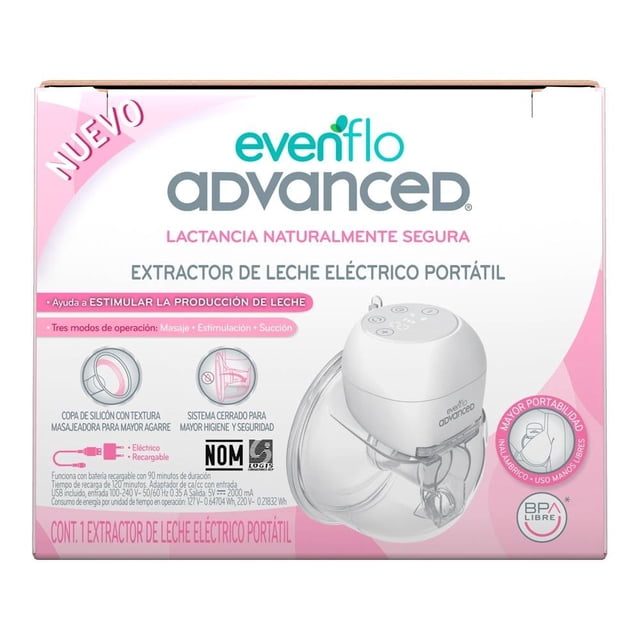 extractor de leche evenflo advanced eléctrico portátil recargable vista frontal del extractor con unidad motora blanca sobre copa de silicón transparente texturada y cojines masajeadores, panel de control superior con botones, tubo de conexión y puerto USB visibles; sistema cerrado para mayor higiene y funcionamiento silencioso, también suele usarse para almacenar pulsos de extracción durante viajes.