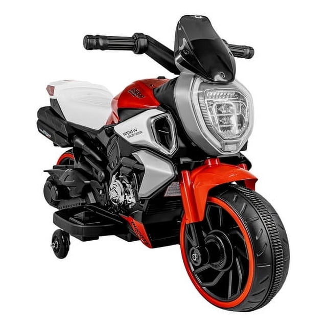 montable moto electrica roja luz claxon 6v Montable infantil rojo vista 3/4 frontal con carenado deportivo brillante y parabrisas negro; asiento blanco, manubrio con controles y faro LED delantero visible. Rueda delantera ancha con aro rojo, pedal de aceleración y rueditas de apoyo; botones para sonido y claxon y conexión USB/auxiliar según especificaciones. Suele utilizarse también como accesorio de utilería para juego y fotos infantiles.