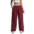 thumbnail image 2 of Pantalones Anchos y Holgados para Mujer, Estilo Palazzo Harén, Informales, A Rayas, con Cintura Elástica y Bolsillos Vino Tinto L, 2 of 7