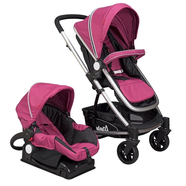 carriola travel system d´bebe crown morado 3 en 1 con portabebé y autoasiento; carriola con bambineto reclinable en 2 posiciones (mirando al frente o hacia ti), toldo extendible, arnés de 5 puntos y barra frontal desmontable; portabebé sobre base para auto, estructura plateada, tela morada y canastilla amplia.
