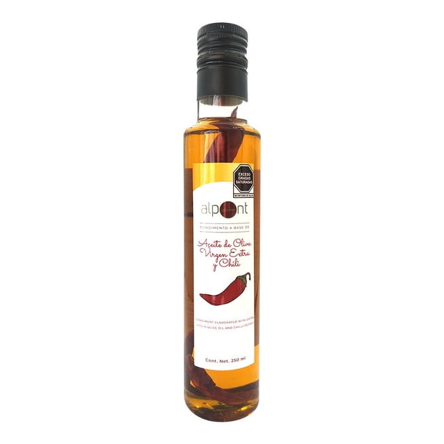 alpont gourmet aceite de oliva virgen extra y chili 250 ml botella transparente vertical de 250 ml con tapa negra; aceite ámbar con guindillas enteras visibles dentro; etiqueta blanca y amarilla con logo Alpont y dibujo de chile; ideal como aceite con chile para aderezos y saltear y suele usarse para marinar vegetales.