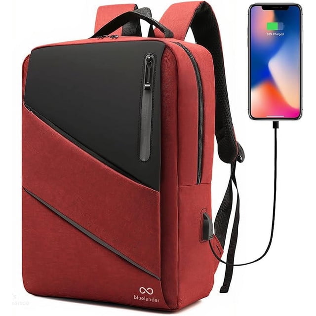 mochila para laptop bluelander con puerto usb bluelander mochila antirrobo para laptop roja, vista frontal 3/4 con panel frontal negro y cremallera vertical, puerto USB lateral con cable conectado a un teléfono, correas acolchadas ergonómicas, asa superior y múltiples compartimentos internos para laptop y accesorios; también suele usarse para organizar dispositivos y cargadores en viajes.