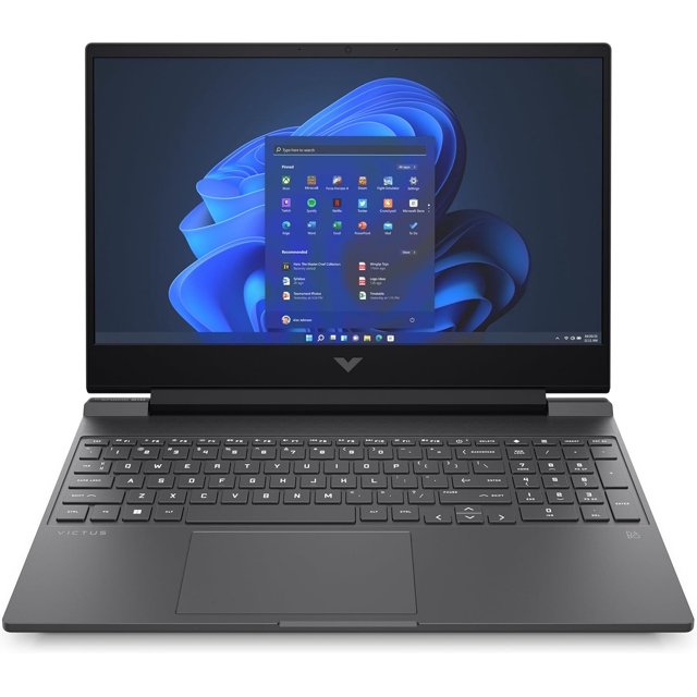 laptop gamer hp 15.6" full hd; amd ryzen 5-7535hs, 8gb ram, 512gb ssd; amd radeon rx 6550m — Vista frontal, portátil HP abierto con pantalla 15.6" Full HD encendida, teclado completo con teclado numérico y touchpad centrado; chasis gris oscuro mate y bisagra baja; suele usarse para gaming y tareas multimedia.