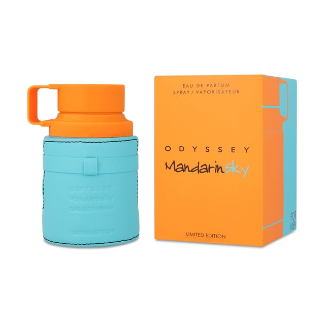armaf odyssey mandarin sky 100ml edp spray armaf armaf fragancia masculina nueva, botella 100 ml con funda turquesa mate y tapa naranja mandarina a la izquierda y caja naranja con detalles turquesa a la derecha, vista frontal centrada; familia olfativa cítrica con notas de mandarina, naranja, azafrán, salvia, caramelo, haba tonka, cempasúchil, ambroxan, vetiver y cedro; suele usarse como ambientador de clóset por su aroma cítrico.