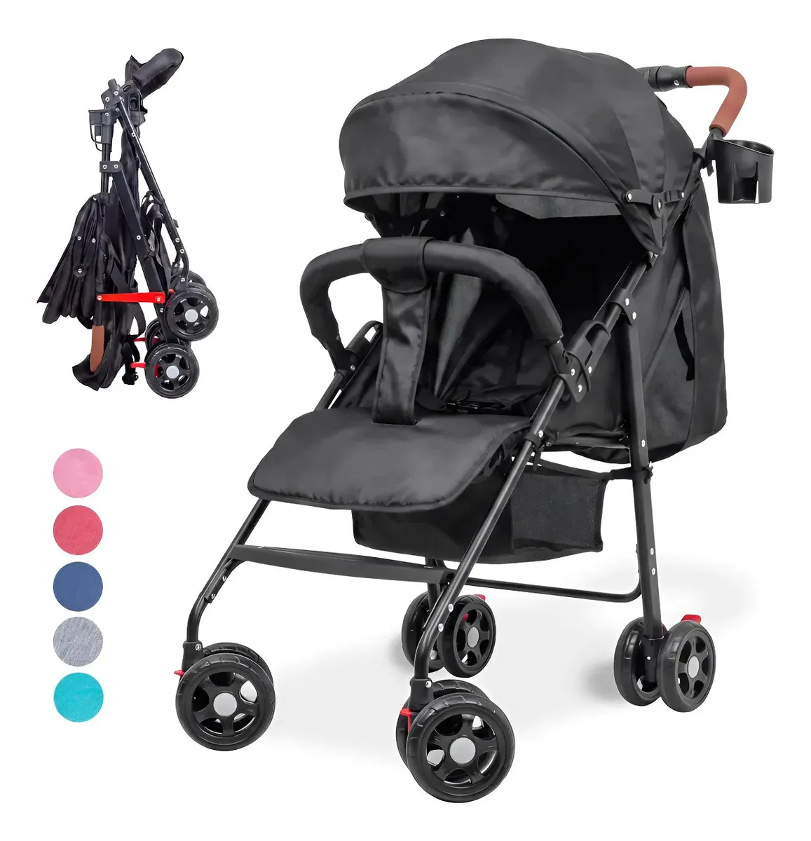 Carriola Bebe Plegable Compacta Paseo Infantil Reclinable Con Portavasos Canasta Color Negro