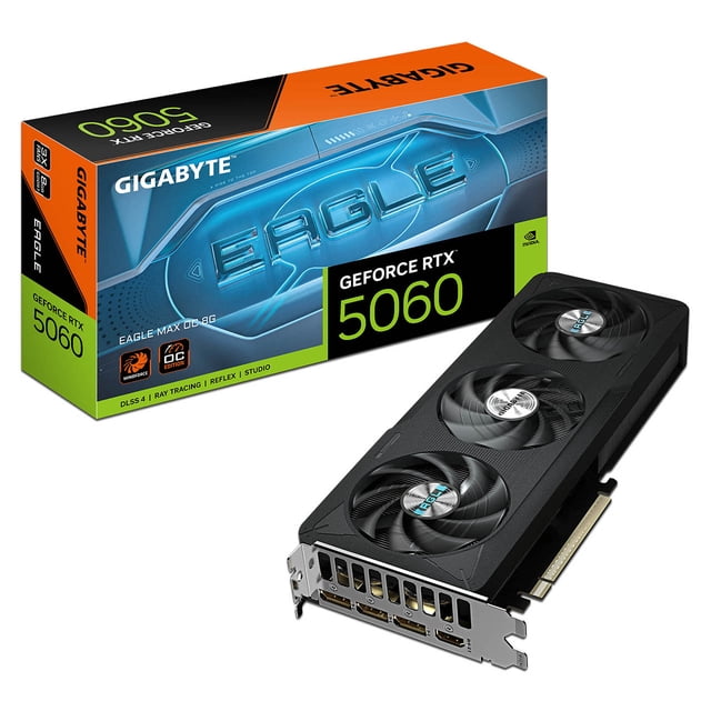 tarjeta de video nvidia geforce rtx 5060 gigabyte eagle max oc vista 3/4 frontal de tarjeta negra con tres ventiladores axiales, disipador largo y bracket con 1 HDMI y 3 DisplayPort; caja Gigabyte Eagle 5060 al fondo; 8GB GDDR7, PCIe 5.0, 128-bit; también adecuada para estaciones de edición y renderizado liviano.
