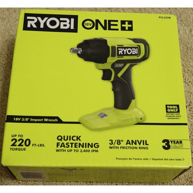 llave de impacto ryobi pcl250b inalámbrica de 9,5 mm y 18 v (solo herramienta) vista frontal centrada de herramienta verde lima y negra sin batería, yunque 3/8 pulg con anillo de fricción, empuñadura texturizada y luz de trabajo LED integrada; diseño compacto para cierre rápido hasta 3,400 IPM y torque hasta 220 pies/libras. Batería y cargador se venden por separado; también suele usarse para trabajos rápidos de mantenimiento automotriz.