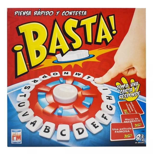 juego de mesa fotorama basta juego electrónico de palabras con tablero circular y teclas alfabéticas A–Z, disco central blanco con botones azules y rojos; mano presiona el botón central para iniciar la ronda y seleccionar la letra, caja con logo Fotorama visible, también usado comúnmente para dinámicas de grupo en reuniones.