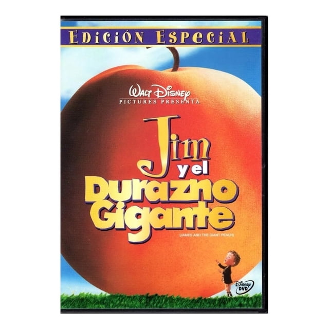 jim y el durazno gigante james and giant peach pelicula dvd Edición Especial carátula frontal con durazno gigante naranja, título grande en tipografía amarilla y roja, logo Walt Disney arriba y figura de James en la esquina inferior derecha; DVD infantil, duración aprox. 80 minutos.