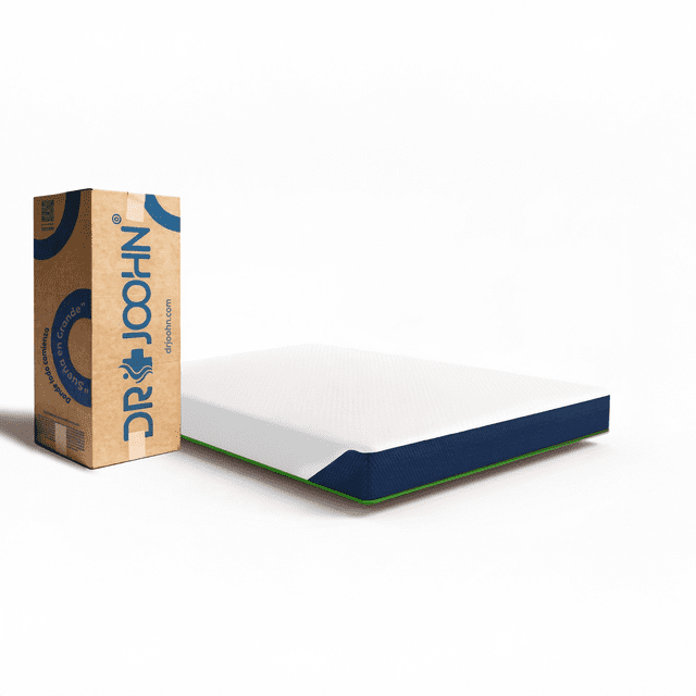 colchón en caja individual zen confort dr joohn 20cm, memory foam semi firme para todas las edades. Vista 3/4 de colchón individual blanco 190x100x20 cm con funda texturizada, laterales azul marino y borde verde, altura visible de 20 cm; caja vertical de cartón DR JOOHN al lado que indica empaque al alto vacío. Especificado con capa de memory foam y dos capas de espuma de alta densidad; a menudo usado también como colchón adicional para visitas.