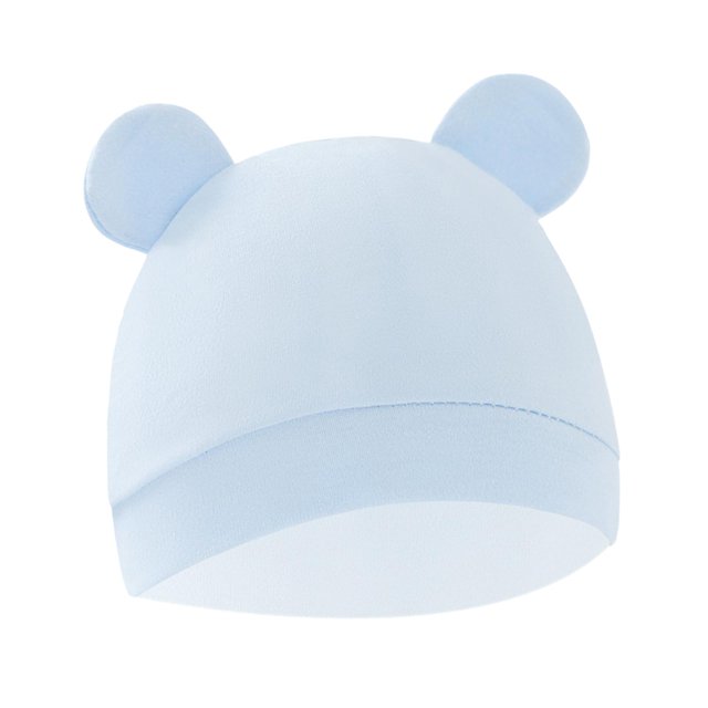 gorros para bebés con orejas de oso, sombrero para bebé recién nacido azul, vista frontal centrada; gorro redondeado de tela lisa azul claro con orejas de oso acolchadas y doble dobladillo en la base, tamaño plano 15.5 cm (6.1 in). Accesorio de fotografía y regalo ideal para bebés de 0 a 6 meses.