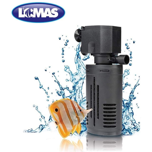 filtro para pecera acuario aquaflow 10f Lomas negro, vista frontal vertical de unidad compacta totalmente sumergible con cabeza de poder y salida lateral, cartucho modular con ranuras para filtración mecánica y biológica y montura con ventosa; indicado para acuarios de agua dulce o marino de 40 litros; también suele emplearse como filtro secundario en acuarios plantados por su tamaño compacto.