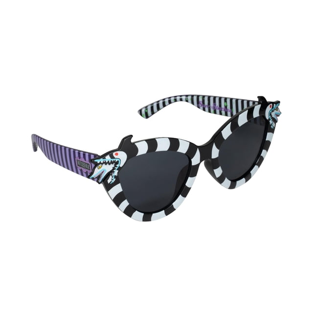 gafas de sol sun-staches beetlejuice sandworm uv400 Montura cat-eye con franjas blancas y negras y figuras de gusano de arena en los laterales, lentes oscuras con protección UV400, varillas moradas a rayas y logo Sun-Staches; talla única, accesorio de disfraz y uso diario para fans de Beetlejuice.