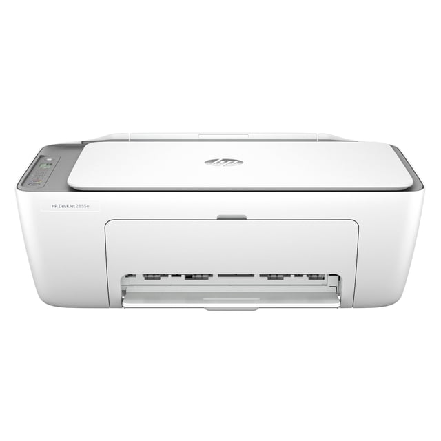 impresora hp deskjet 2855e inalámbrica multifunción de inyección de tinta en color vista frontal centrada, carcasa blanca con bordes gris claro, bandeja de salida frontal abierta, panel LCD ICON a la izquierda y tapa del escáner cerrada; diseño compacto para el hogar y compatible con impresión, escaneo y copia desde la app HP, también adecuada para imprimir listas, cartas y fotos desde un smartphone.