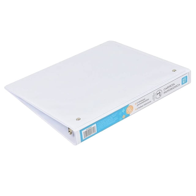 carpeta con ventana pen + gear 1 pulgada blanca, vista 3/4 mostrando portada y lomo; carpeta de anillas de 1 pulgada con tapa frontal blanca y ventana transparente para insertar etiqueta o imagen, cierres metálicos visibles y lomo con espacio para rótulo, plástico resistente de acabado mate, ideal para organizar documentos en oficina o escuela.
