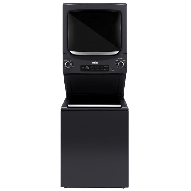 centro de lavado premium ultra capacity a gas 24 kg diamond gray mabe - mcl2440ppdg0 vista frontal, secadora apilada arriba y lavadora abajo en acabado gris diamond; panel con perillas y display touch, puerta Glass Lid en la lavadora, silueta vertical y tambor para cargas hasta 24 kg; incorpora AI e ciclo de sanitizado según especificaciones, también suele usarse para lavar cobijas y prendas voluminosas.