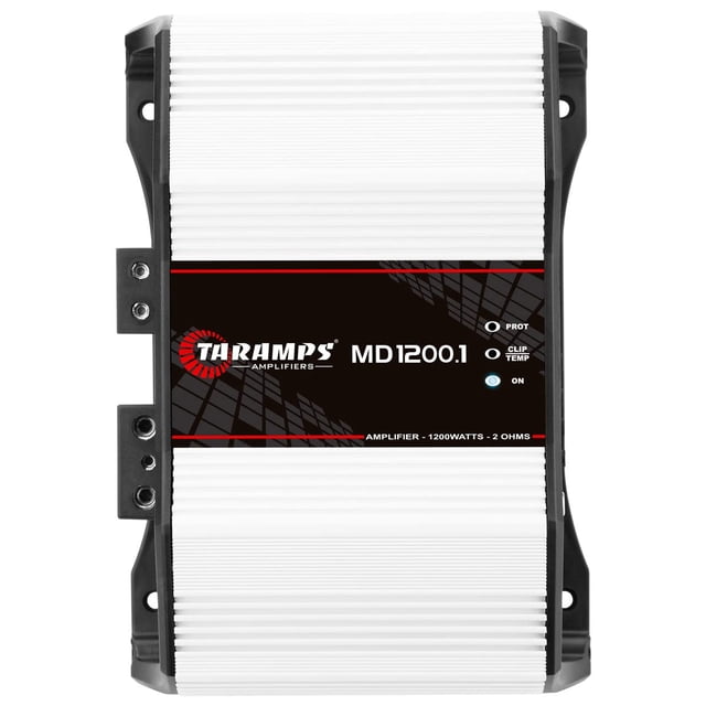 amplificador taramp's md 1200.1 1200 w rms 2 ohmios monobloque Vista cenital frontal del amplificador Taramps MD1200.1 con carcasa de aluminio acanalada blanca y laterales negras; panel central negro con logo MD1200.1, LEDs PROT/CLIP/TEMP/ON y conectores de alimentación visibles; diseñado para subwoofer y sistemas de audio para auto, suele usarse también en cajas portátiles.