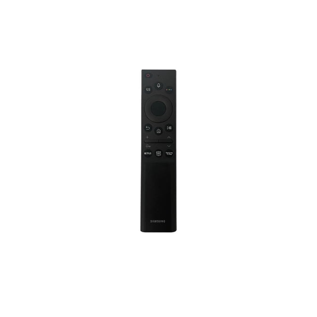 control de voz compatible para samsung smart crystal uhd samsung control de voz compatible para samsung smart crystal uhd mando a distancia negro, vista frontal centrada con botón de micrófono para comandos de voz, pad direccional circular, botones de reproducción/pausa y volumen, diseño ergonómico en plástico resistente, conectividad Bluetooth para TVs Samsung QLED/CRYSTAL UHD 4K y 8K; suele usarse también como reemplazo universal en salas pequeñas.