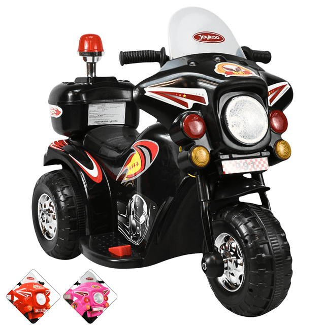 moto montable eléctrica para niños con luces y sonido bateria recargable de 6v - negro Vista 3/4 frontal de moto eléctrica infantil negra de tres ruedas y sillín bajo, pedal acelerador visible, manubrio con protector blanco y logo JOYKOO, faro delantero con luces auxiliares, sirena con luz en el respaldo y adhesivos rojos; adecuada para juegos de rol y patrullaje infantil.
