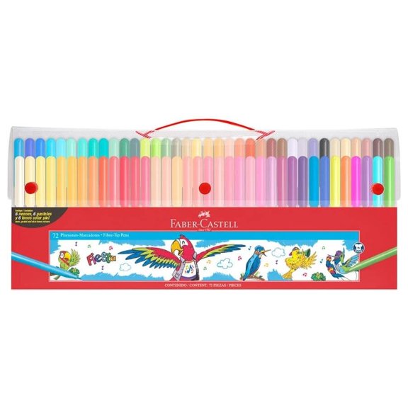 Faber-Castell Marcadores Fiesta 72 Plumones Lavables con Estuche Rígido de Plástico, Colores Neón Pastel y Tonos Piel