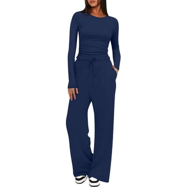 Conjuntos de 2 Piezas para Mujer, Conjuntos de Otoño, Chándales de Larga y Pierna , Conjuntos Casuales para Estar en Casa, Conjuntos A Juego. Azul Oscuro XS