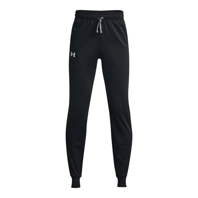pantalones under armour brawler 2.0 para niños, cónicos, negro/blanco entallados, vista frontal centrada de pantalón deportivo negro con pretina elástica y cordón externo gris, logo Under Armour blanco en la pierna, bolsillos abiertos, bajos acanalados y entrepierna aprox. 26 pulgadas; también adecuados como pantalón cómodo para juego o viajes cortos.