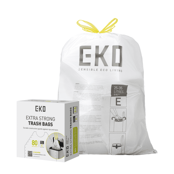 EKO Bolsas de Basura Tamaño E. 25-35 Litros. 80unidades. Caja dosificación fácil. Compatible con bote de basura EKO, uso en cocina, doméstico, extrafuertes, con cordón