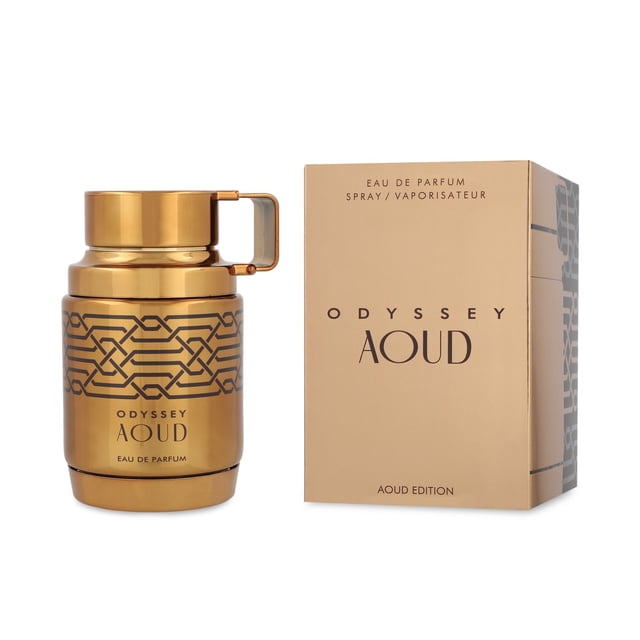 armaf odyssey aoud 100ml edp spray aoud eau de parfum 100ml nueva botella dorada tipo petaca con patrón geométrico y asa, caja beige a la derecha con texto 'ODYSSEY AOUD'; fragancia amaderada especiada para caballero con notas de salida lavanda, azafrán y nuez moscada, corazón oud y notas amaderadas, fondo pachulí, ambroxan y almizcle. Suele utilizarse como opción de regalo para San Valentín.