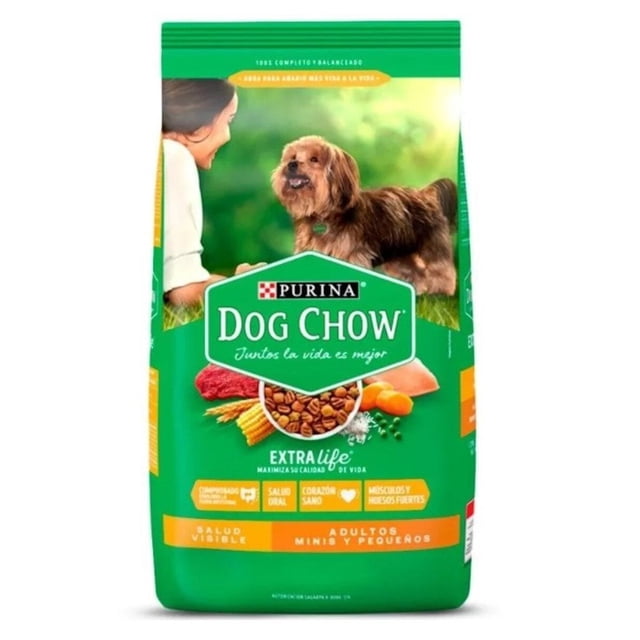 comida mascotas dog chow adulto razas pequeñas 25 kg bolsa verde frontal con logo Purina Dog Chow, perro pequeño marrón en la parte superior, ilustración de croquetas y pollo, indica 'adultos minis y pequeños' y 'nutrición 100% completa y balanceada'.