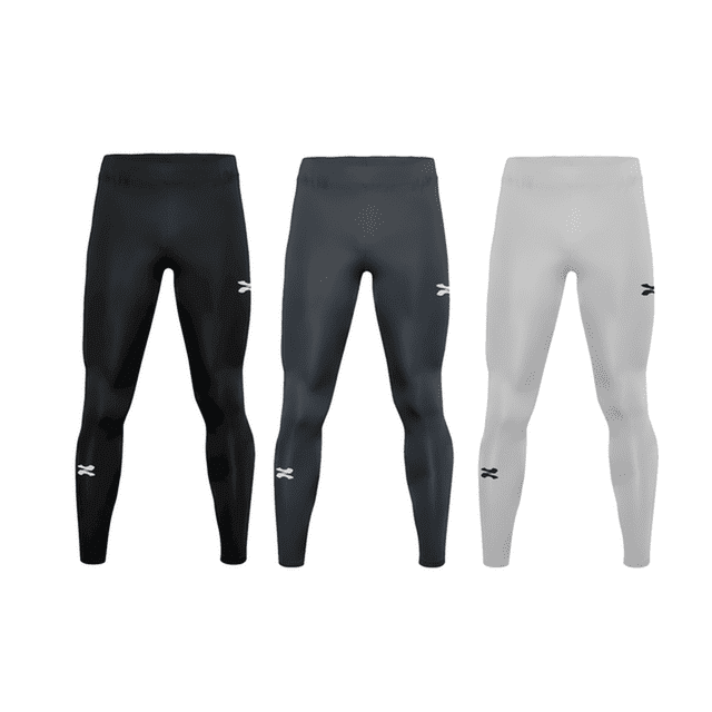 zapari licra deportiva larga interior, mallas deportivas para hombre. leggins de compresión y secado multicolor l Paquete de 3: vista frontal centrada de tres leggins alineados (negro, gris oscuro, gris claro) con corte ceñido hasta el tobillo y cintura elástica; tela lisa y elástica de secado rápido, logos pequeños en pierna; ideal para compresión, movilidad en gimnasio, correr o ciclismo.