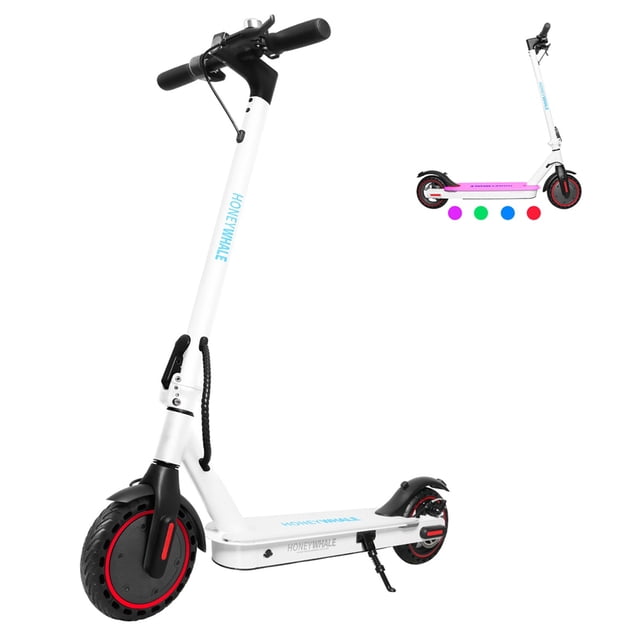 scooter eléctrico honey whale s2 blanco nuevo modelo S2, vista frontal 3/4 centrada del patín blanco con manillar recto, tubo de dirección con texto HONEY WHALE, plataforma baja y guardabarros trasero, llantas 8.5" con aro rojo, pata de apoyo plegable y cable de freno visible; potencia nominal 350 W y potencia máxima 500 W, suele utilizarse para desplazamientos urbanos y último tramo.