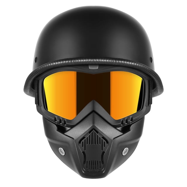 Medio casco de moto TRUSTERTHEE Retro Half Shell DOT frontal, casco negro mate de media cabeza en ABS con visera estilo gafas espejadas naranja, máscara de moda desmontable con rejilla para buena ventilación y cierre rápido, perfil bajo y ligero para conducción cómoda.
