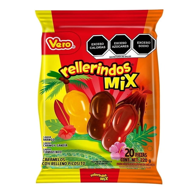 caramelos vero rellerindos mix 20 pzas paquete frontal con ilustración de tres caramelos rellenos y frutas; bolsa naranja y amarilla con logo Vero, texto 'rellerindos MIX', sellos de advertencia sanitaria, leyenda '20 piezas' y peso 220 g, sabores mango, chamoy sandía y tamarindo visibles, ideal para compartir en fiestas y como dulces enchilados.