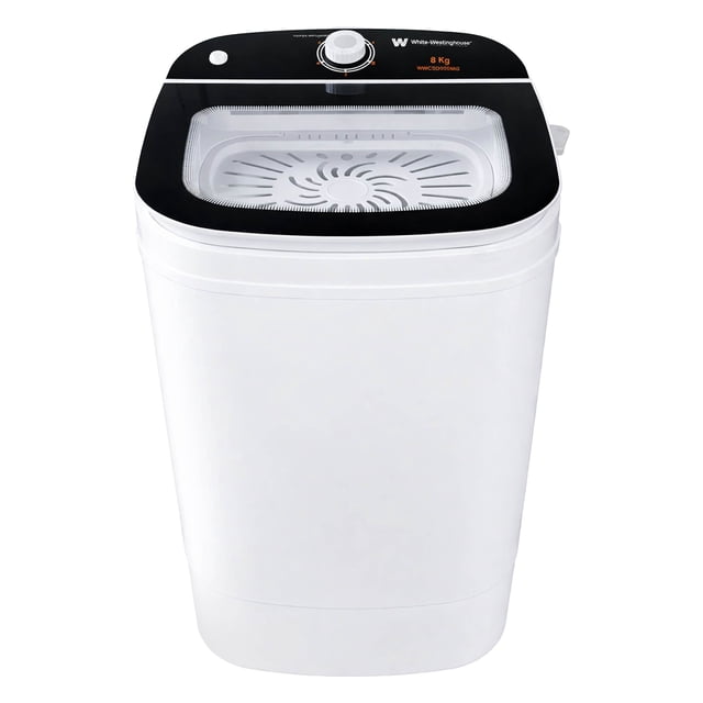 secadora centrífuga white westinghouse 8 kg blanca compacta con cesta de acero inoxidable vista frontal 3/4, gabinete blanco compacto con tapa abatible de cristal templado negra y panel superior con perilla de control y logo White‑Westinghouse; cesta interior de acero inoxidable visible, capacidad para cargas de 8 kg y secado eficiente, adecuada para espacios reducidos y uso doméstico; a menudo usada también para presecado de prendas deportivas.