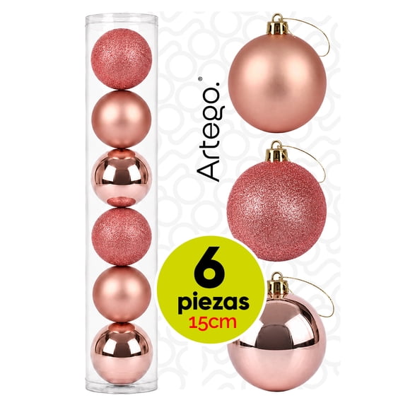 Esferas para árbol de navidad Artego extra grandes de 15 cm de diámetro paq 6 esferas Rosé dorado Línea SKY 3 diversos acabados navideños Mate, brillantes, cromadas para colgar Christmas ornaments