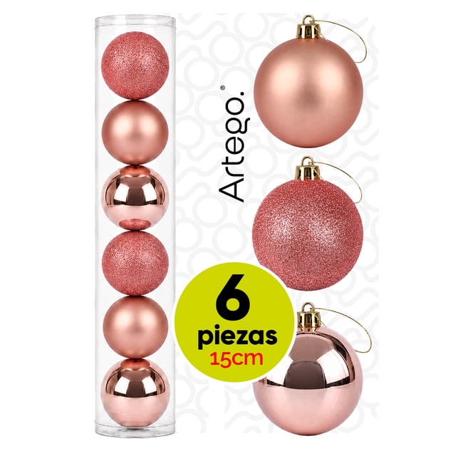 Esferas para árbol de navidad Artego extra grandes de 15 cm de diámetro paq 6 esferas Rosé dorado Línea SKY 3 diversos acabados navideños Mate, brillantes, cromadas para colgar Christmas ornaments