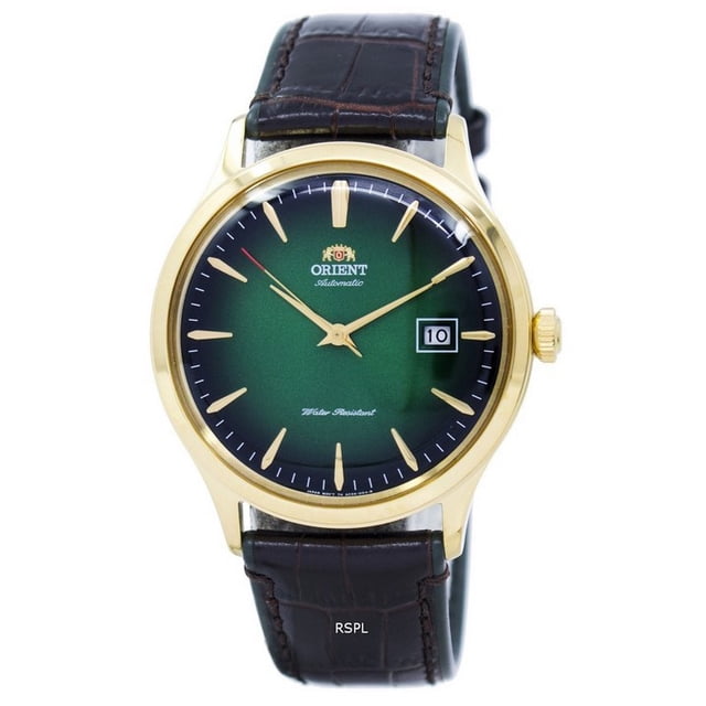 orient bambino version 4 automatic fac08002f0 tac08002f0 men's watch Verde esfera en degradado, caja dorada, correa marrón tipo piel, vista frontal con ventana de fecha a las 3, marcadores bastón aplicados dorados y manecillas dauphine.