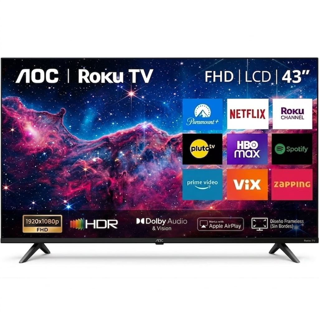 AOC Televisor LED 43 Pulgadas Full HD, Roku TV Integrado, Dolby Audio, Wi-Fi, HDMI, USB, Apple AirPlay