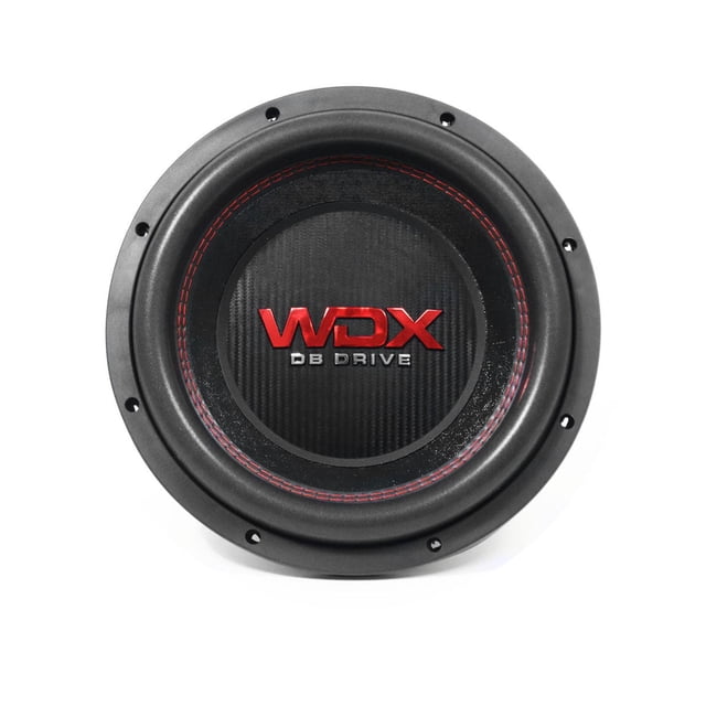 subwoofer profesional db drive wdx12g1.4 2000 watts 12 ... db drive wdx12g14 negro subwoofer 12" vista frontal centrada con cono redondo y centro con logo WDX DB DRIVE en rojo, borde de goma negro con costura roja visible y fondo blanco. A menudo se usa también para reforzar bajos en sistemas de audio automotriz o eventos pequeños.