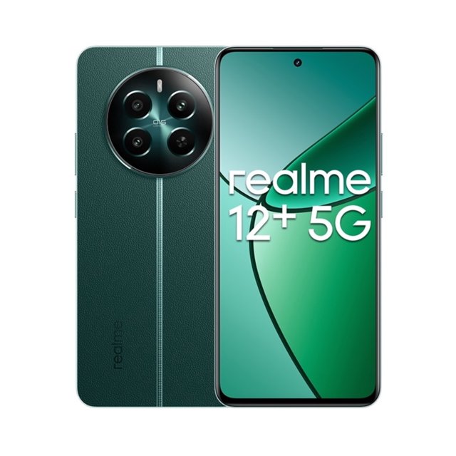 smartphone realme 12 plus 5g 12/256gb verde con bocina de regalo realmeow. Vista frontal y posterior centradas: pantalla AMOLED 6.67" encendida con fondo verde y texto promocional, posterior verde texturizado tipo cuero con módulo circular de cámara triple, línea vertical decorativa, bordes delgados y cámara selfie en perforación superior central; a menudo usado para combinar comunicación y multimedia en movilidad.