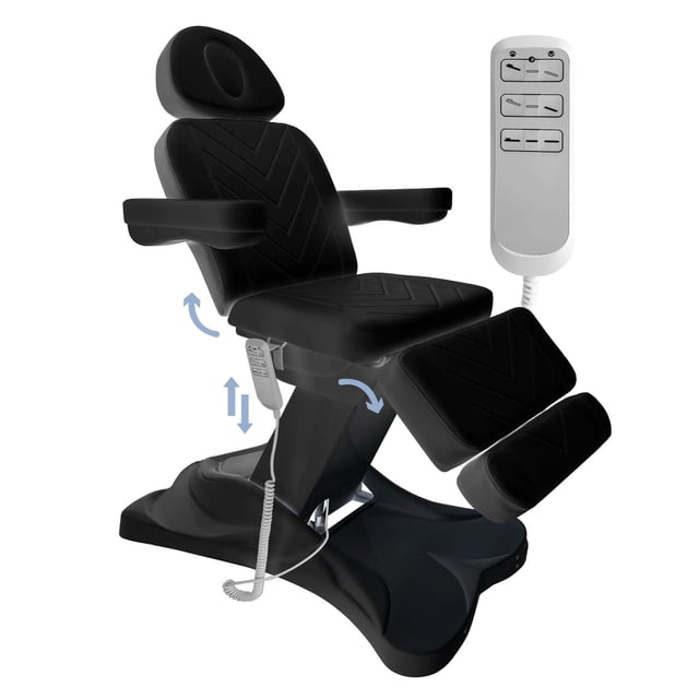 camilla electrica consultorio odontologo silla spa faciales negro grande LUMO, 198×90×80 cm extendida, acolchado 10 cm y tres cuerpos con cuatro motores; vista 3/4 frontal que muestra base metálica motorizada, control remoto con cable de 250 cm, reposabrazos abatibles, agujero facial y tapizado PVC negro fácil de limpiar; también adecuada para tratamientos estéticos y masajes profesionales.