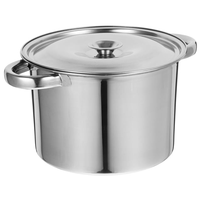 olla de acero inoxidable para sopa, olla multiusos, utensilios de cocina, cubo de aceite HOKMX 2.5L frontal centrada: olla plateada de acero inoxidable pulido con tapa y pomo central, asas laterales remachadas, cuerpo cilíndrico y borde que muestra fondo extra grueso; dimensiones 26x20x13.5 cm (10.22x7.86x5.31 in). Ideal para hervir agua, cocinar sopa y marinar, uso doméstico o comercial.