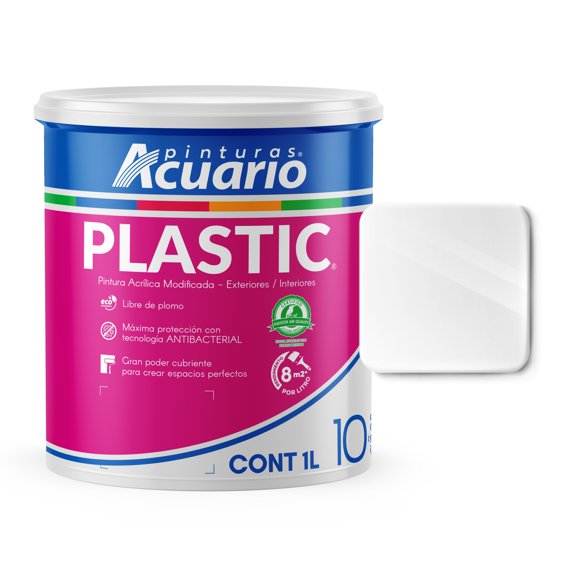 Pintura Acrílica Modificada Exteriores Interiores Pinturas Acuario Plastic 10 Años 1 Litros Blanco Semisatinado