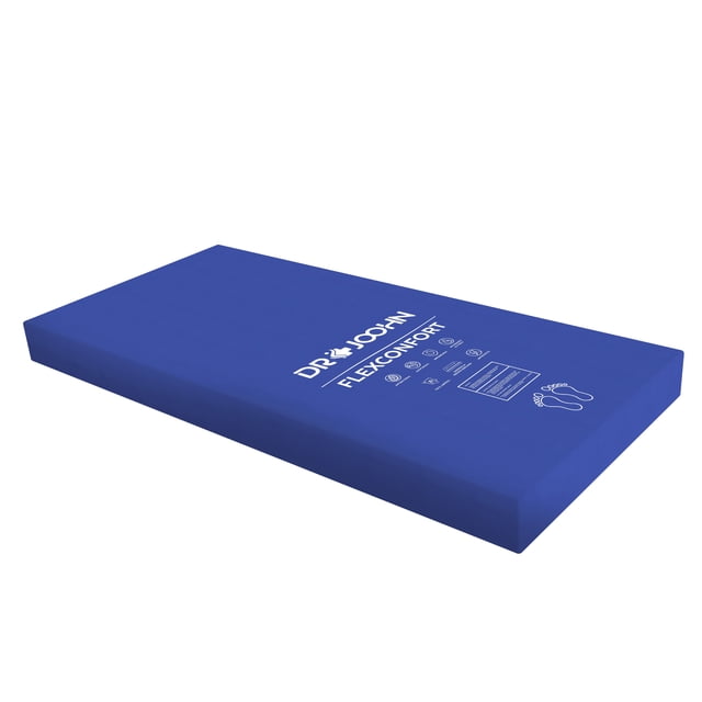 colchon ortopédico dr joohn flexconfort articulado para cama hospitalaria forro grado medico 190x90x14cm azul marino, vista 3/4 frontal de colchón rectangular comprimido con funda lisa y texto blanco DR JOOHN FLEXCONFORT en la superficie; cortes horizontales en el borde que favorecen la adaptabilidad a camas articuladas; fondo blanco. Indicado para prevención de escaras y soporte postural; se entrega comprimido al alto vacío.