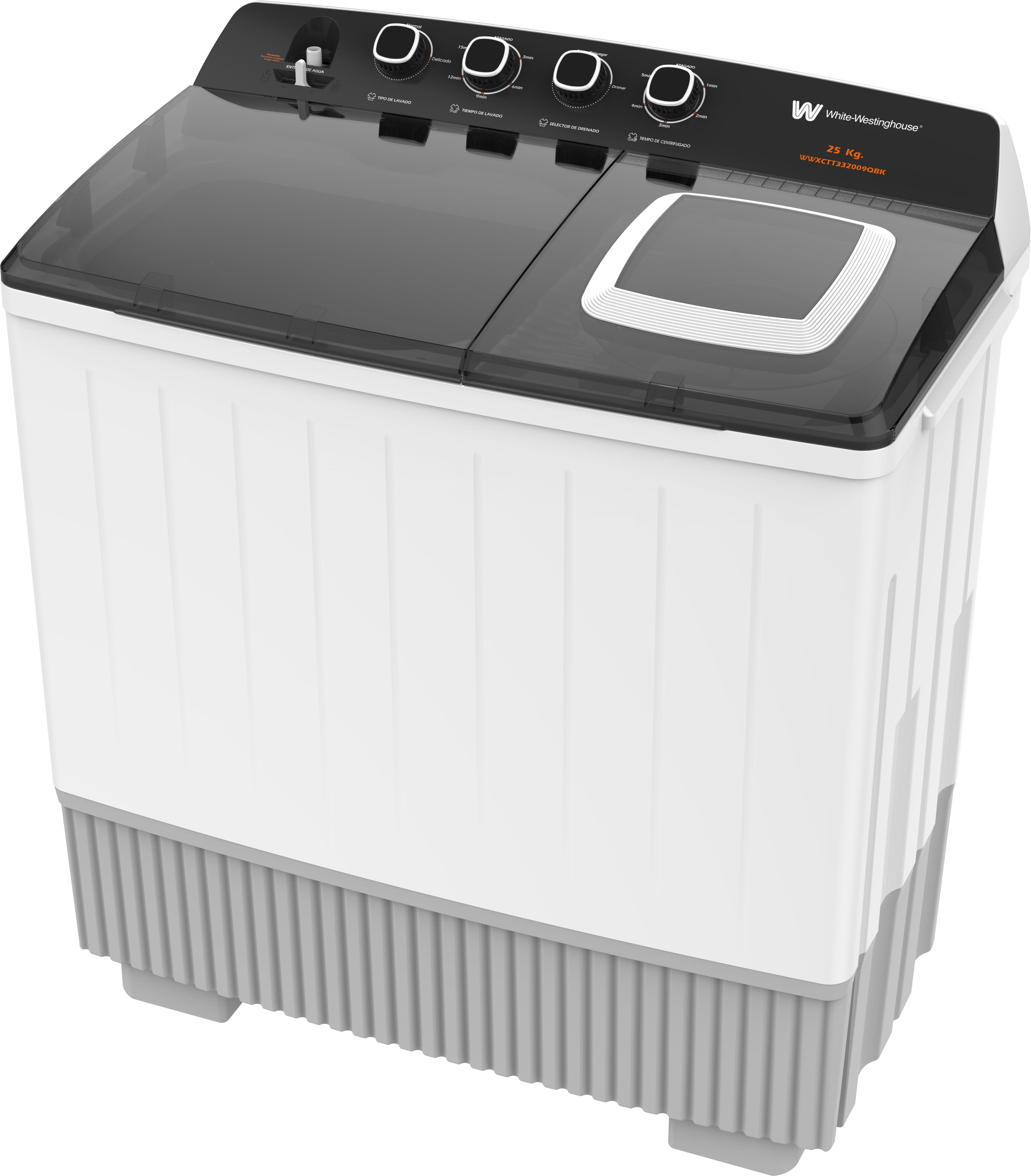 White Westinghouse  Lavadora doble tina  25 kg  WWXCTT332009QBK Gabinete polipropileno alto impacto  4 niveles de agua  4 perillas de control  Bajo consumo de energía  Ahorro de agua