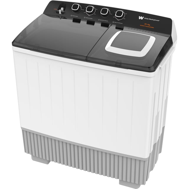 white westinghouse lavadora doble tina 25 kg wwxctt332009qbk gabinete polipropileno alto impacto 4 niveles de agua 4 perillas de control bajo consumo de energía ahorro de agua. Vista frontal 3/4 de lavadora doble tina blanca con tapas de tina en gris humo; panel superior negro con cuatro perillas de control y logo White‑Westinghouse, tina de lavado amplia a la izquierda y tina de centrifugado a la derecha con tapa secundaria blanca. Gabinete acanalado de polipropileno de alto impacto y base gris; apta para cargas de 25 kg, indicada para familias numerosas o lavanderías pequeñas.