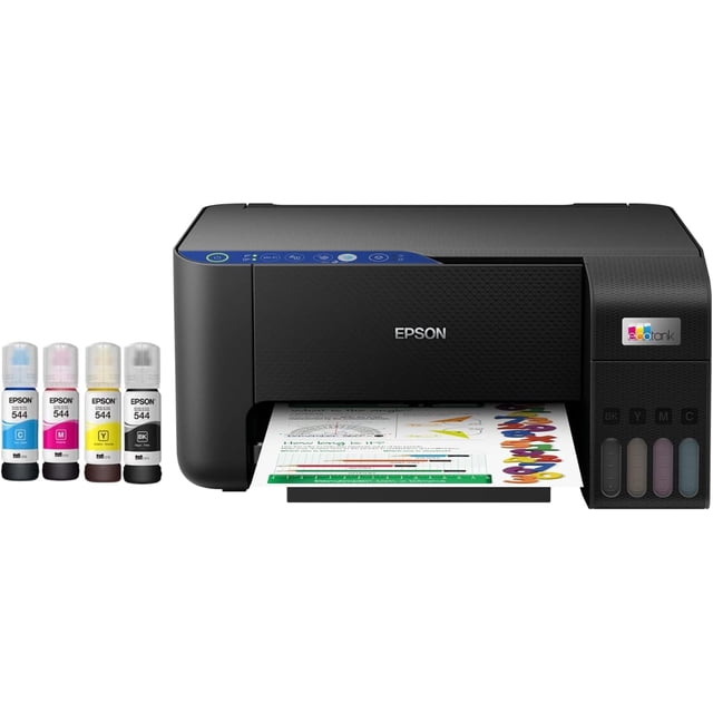 impresora multifuncional epson l3251 con wi fi vista frontal de la impresora negra Ecotank, bandeja frontal con hoja impresa a color, panel superior con botones e indicador Wi‑Fi, tanque de tinta lateral visible con niveles para BK/C/M/Y y botellas de tinta Epson originales junto al equipo; adecuada para uso en el hogar.