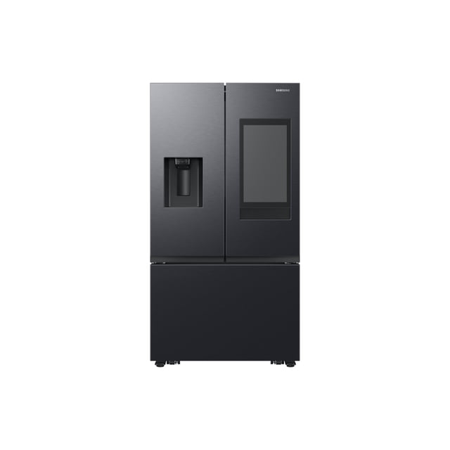 refrigerador french door 31 pies cúbicos despachador exterior negro Samsung; vista frontal con puertas francesas superiores y cajón congelador inferior en acabado negro, dispensador de agua en puerta izquierda y pantalla táctil integrada en puerta derecha, tiradores empotrados y base elevada; ficha indica Space Max y motor Digital Inverter, y su gran capacidad lo hace adecuado también para organizar bebidas y utensilios en reuniones ocasionales.