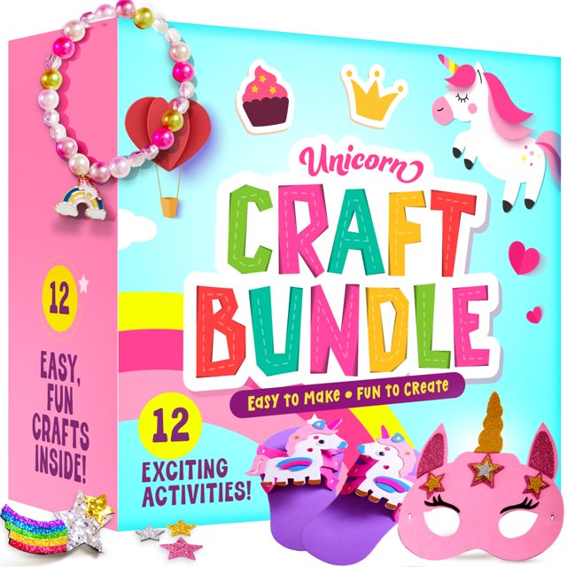 kit de manualidades dan&darci unicorn con 12 proyectos para niñas de más de 3 años Caja frontal turquesa y rosa con texto "Craft Bundle" y unicornio; se muestran diadema rosa con cuerno dorado, máscara rosa con estrellas, pantuflas unicornio moradas y collar de cuentas arcoíris; indica 12 actividades, ideal para fiestas y tardes de manualidades.